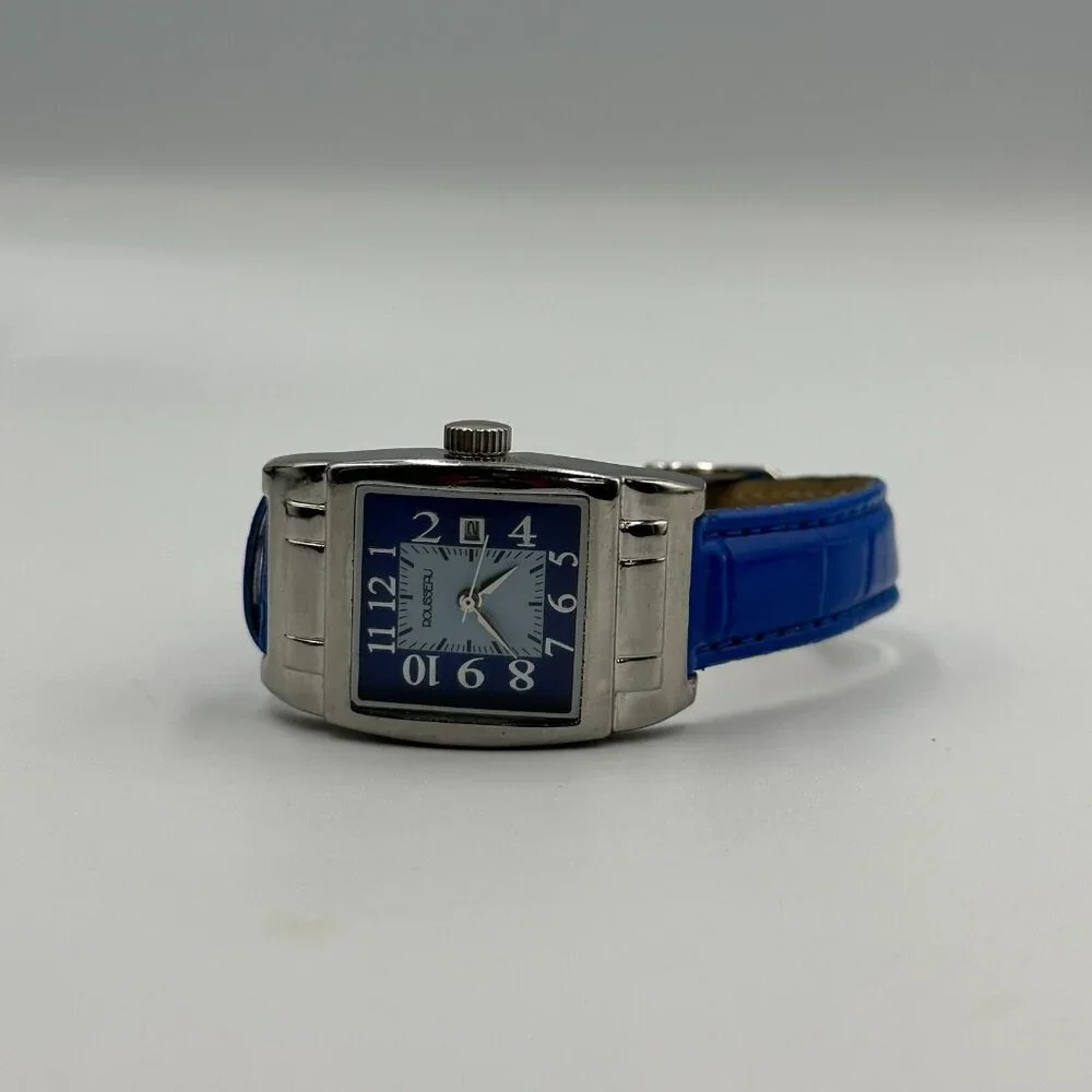 Rousseau Watch Women Silver Tone Square Dial Blue Leather Band New Battery 9